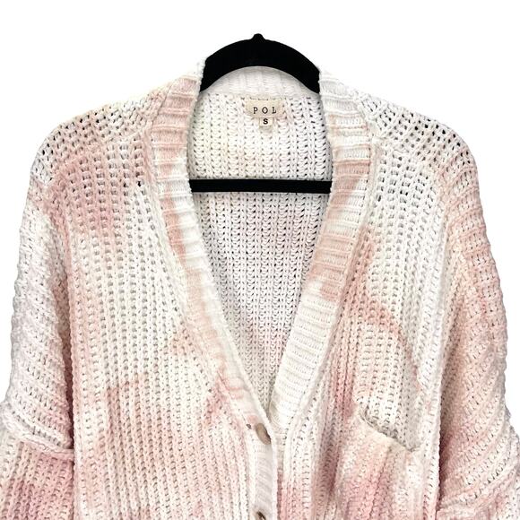 POL Women's 1/2 Sleeve OVERSIZED SLOUCH SWEATER Pink White BUTTON FRONT Small - Picture 3 of 7